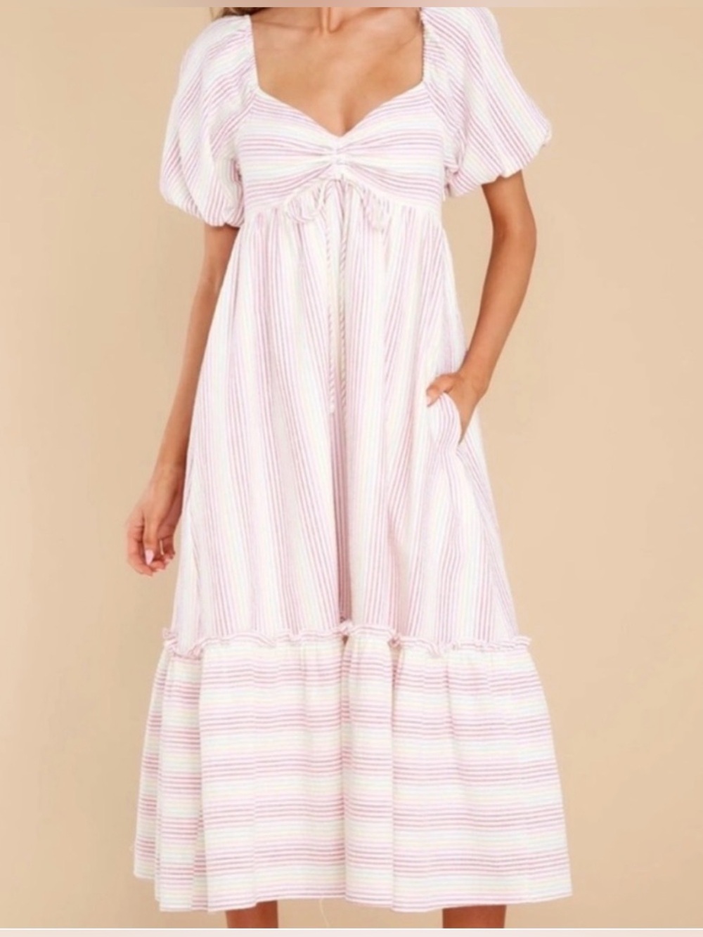 Moodie Striped Cotton Seersucker Midi Maxi Dress with Puff Sleeves Sz L NWT